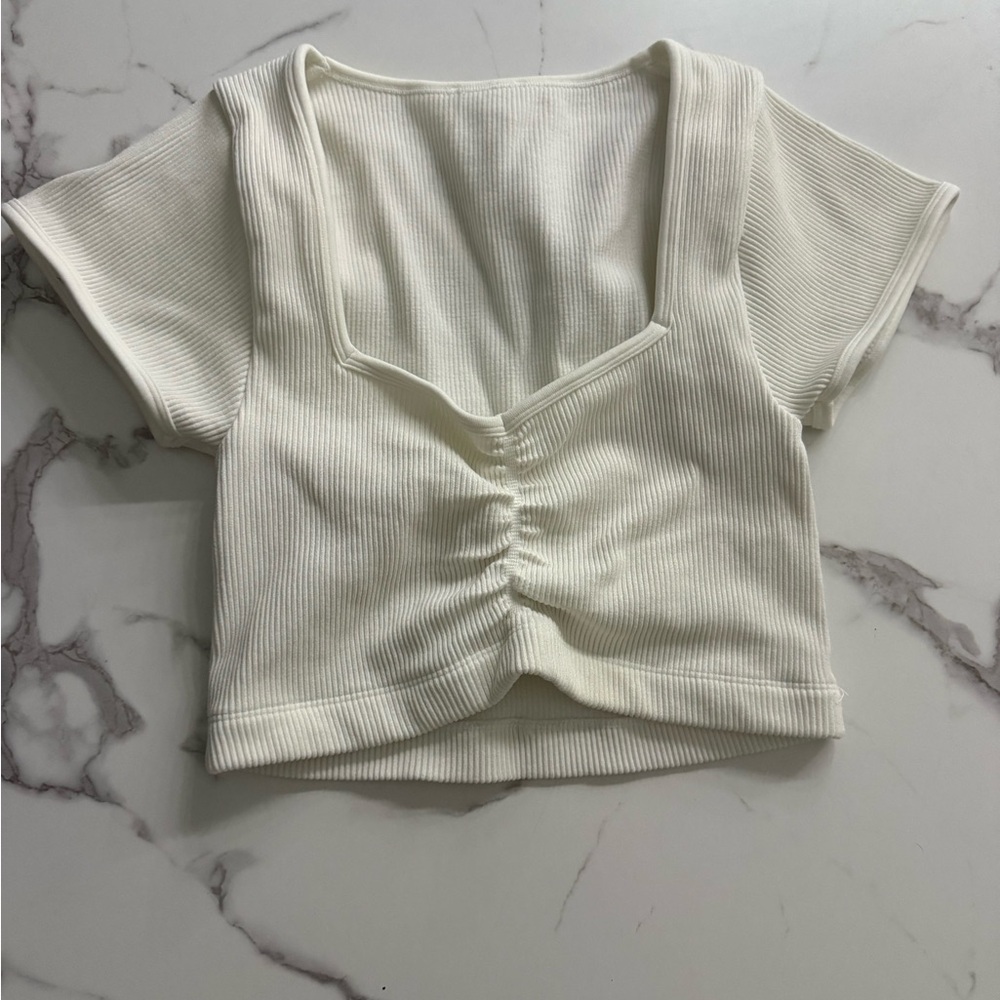 Girls Ribbed Ruched Crop Top - White